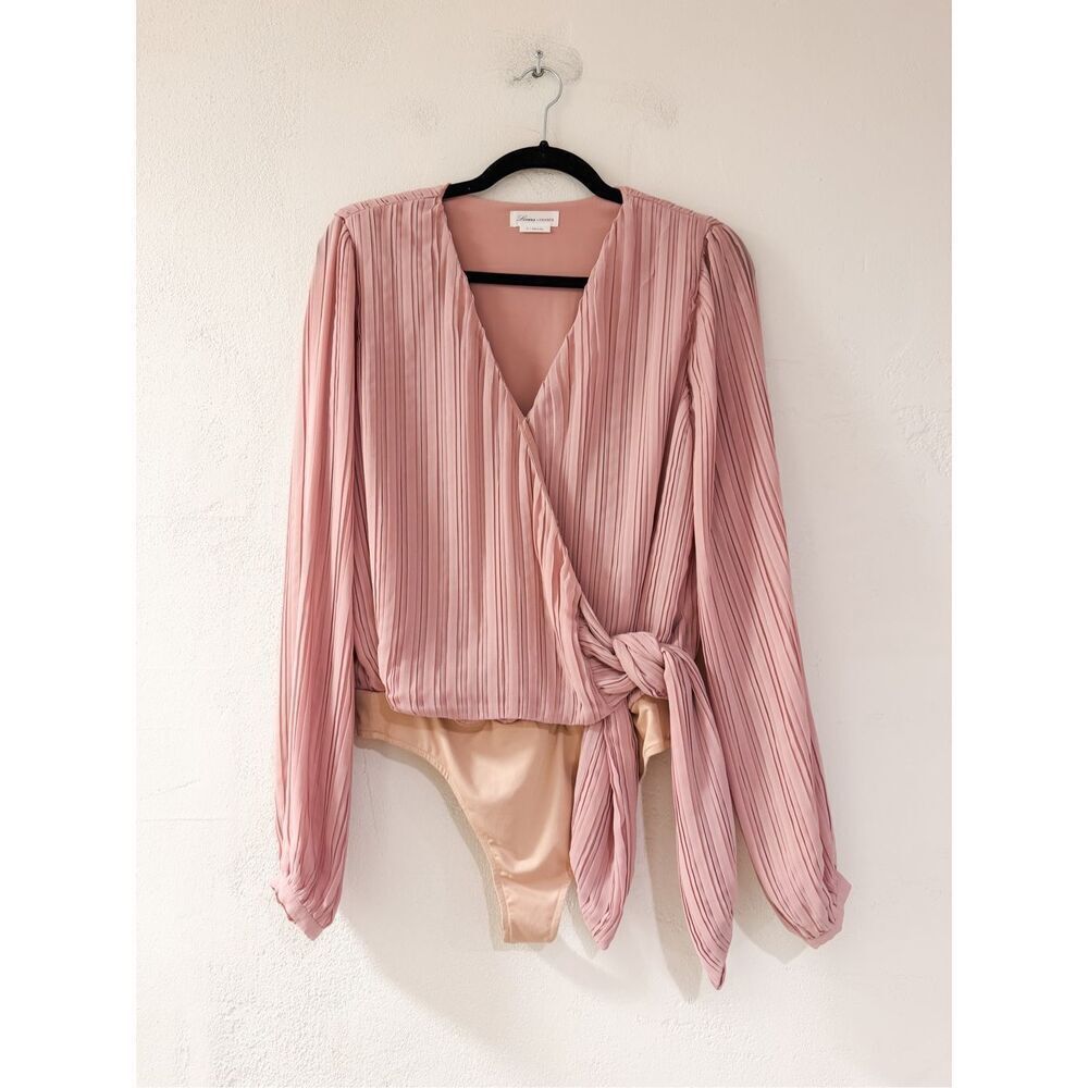 Lovers + Friends Pleated Faux Tie Long Sleeve Bodysuit in Pink Medium
